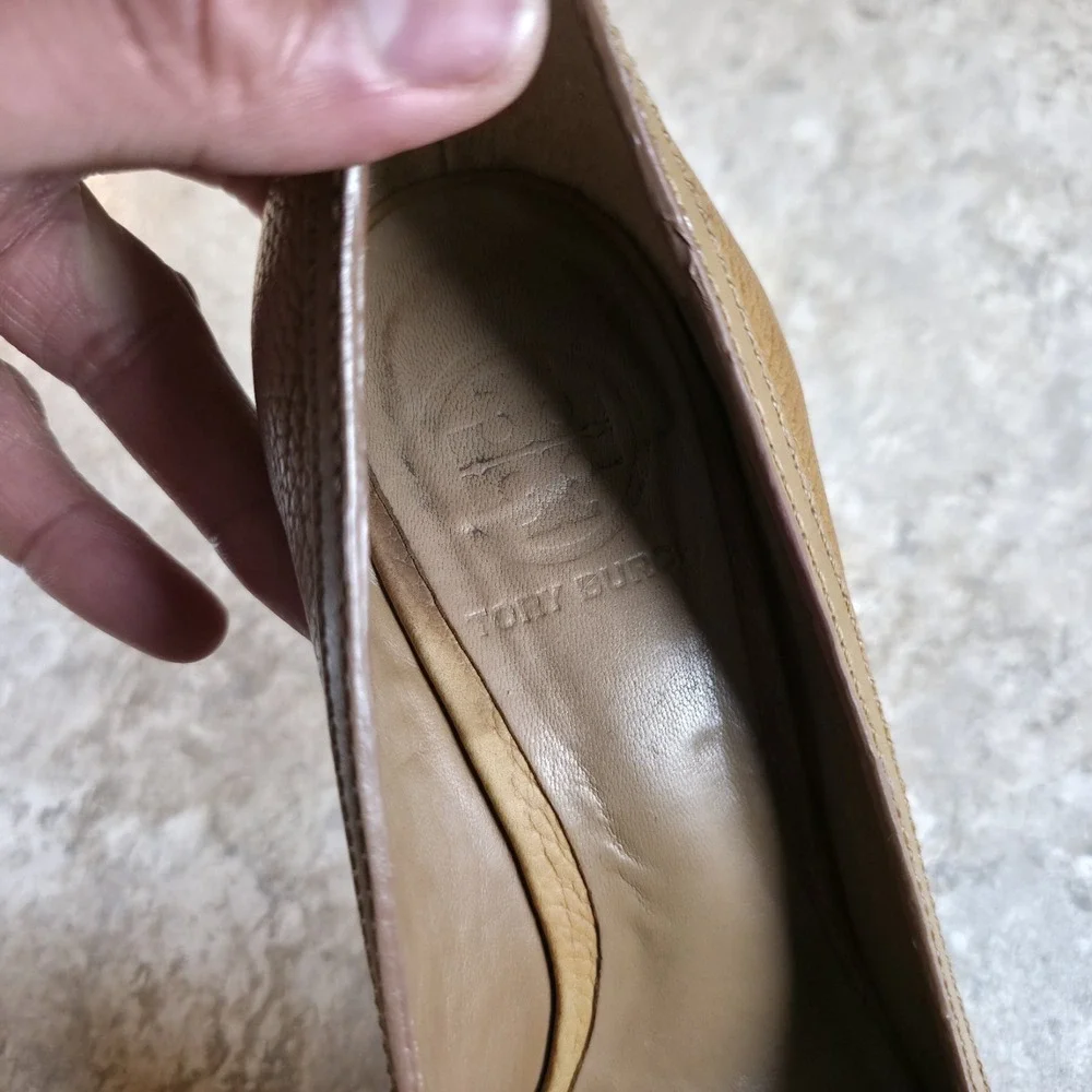 Tory Burch Selma Open Toe 95mm‎ Wedge Royal Tan Size 7.5 M Brown Leather